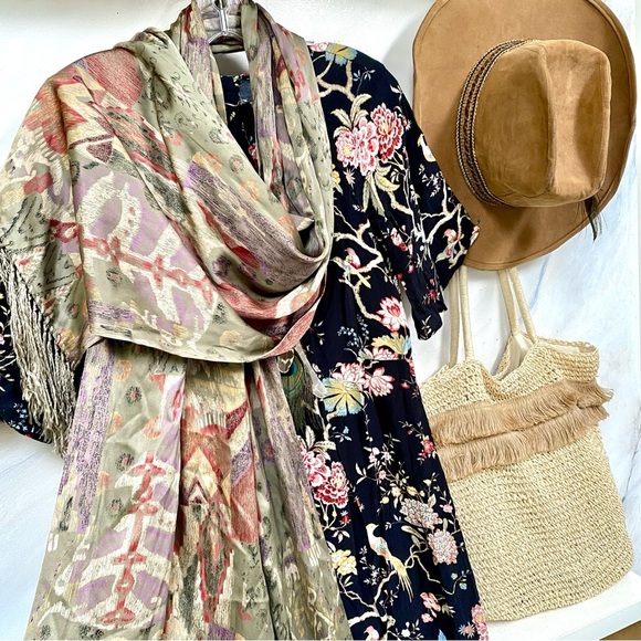 Southwestern SILK boho earthy tones scarf/wrap w fringe prairie Country vibe - Picture 7 of 16